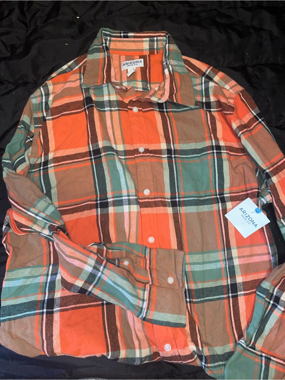 Arizona Jean Company fall Orange and Green Plaid flannel Button-Down Shirt